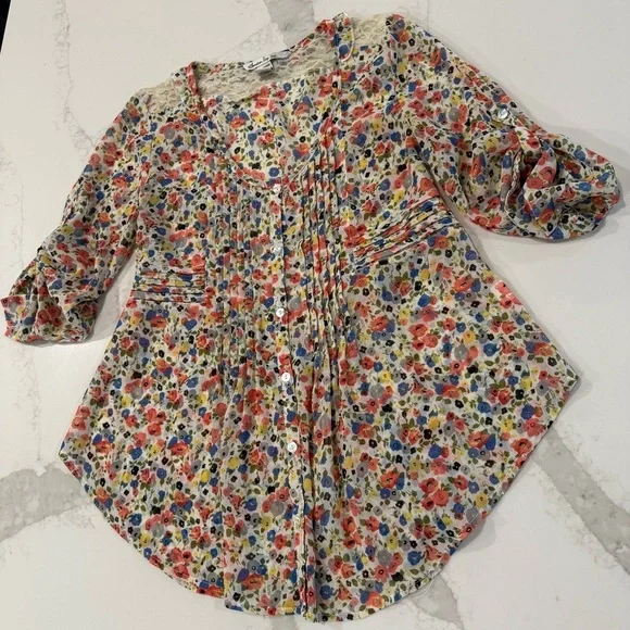American Rag Cie Cottagecore Floral Tie Back Sheer Peasant Top Womens Small Lace - Picture 2 of 7